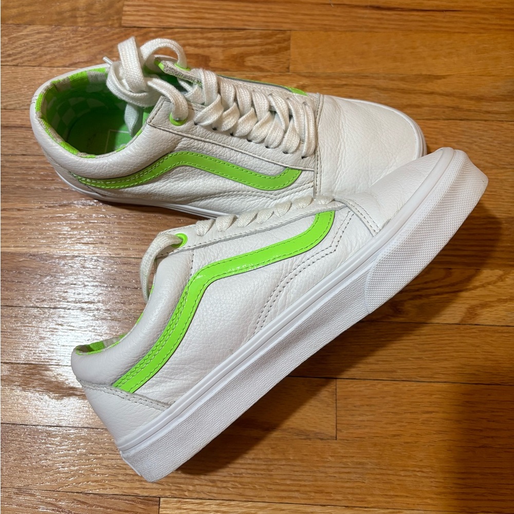 Vans Old Skool Leather White Lime Green Shoes